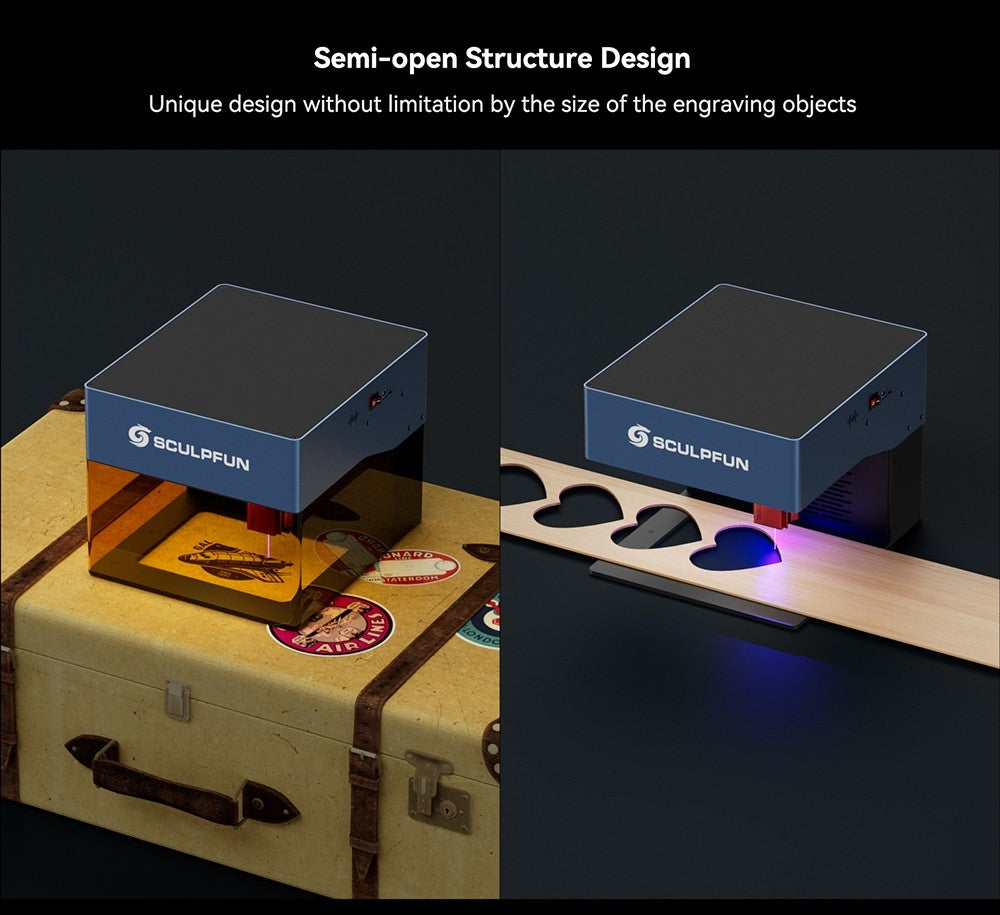 Laserový gravírovací stroj SCULPFUN iCube Pro 5W, laserový bod 0,06 mm, rychlost gravírování 10 000 mm/min, 32bitová základní deska, vyměnitelná čočka, kouřový filtr, teplotní alarm, připojení aplikace, 130x130 mm - zástrčka EU