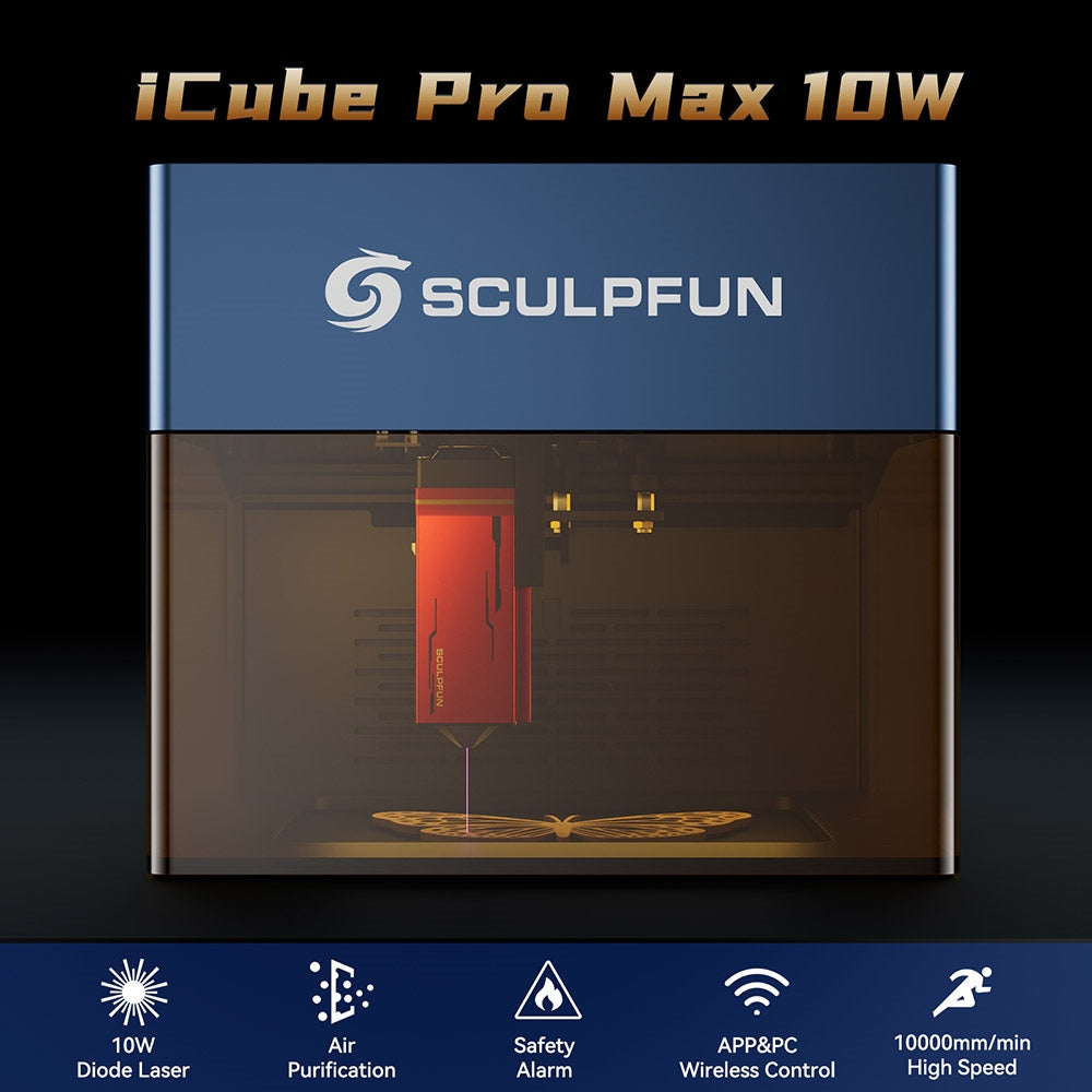 Laserový gravírovací stroj SCULPFUN iCube Pro Max 10W, laserový bod 0,08 mm, rychlost gravírování 10 000 mm/min, 32bitová základní deska, vyměnitelná čočka, kouřový filtr, teplotní alarm, připojení aplikace, 120x120 mm - zástrčka EU