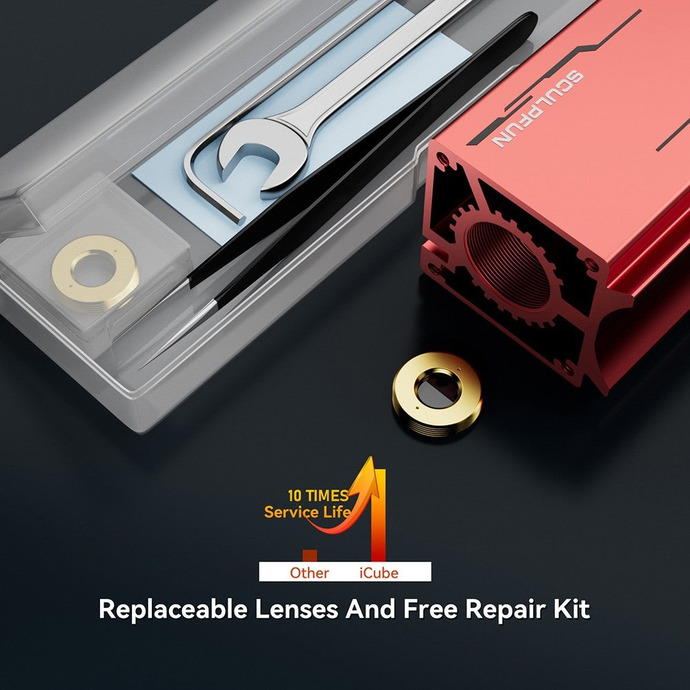 Laserový gravírovací stroj SCULPFUN iCube Pro Max 10W, laserový bod 0,08 mm, rychlost gravírování 10 000 mm/min, 32bitová základní deska, vyměnitelná čočka, kouřový filtr, teplotní alarm, připojení aplikace, 120x120 mm - zástrčka EU