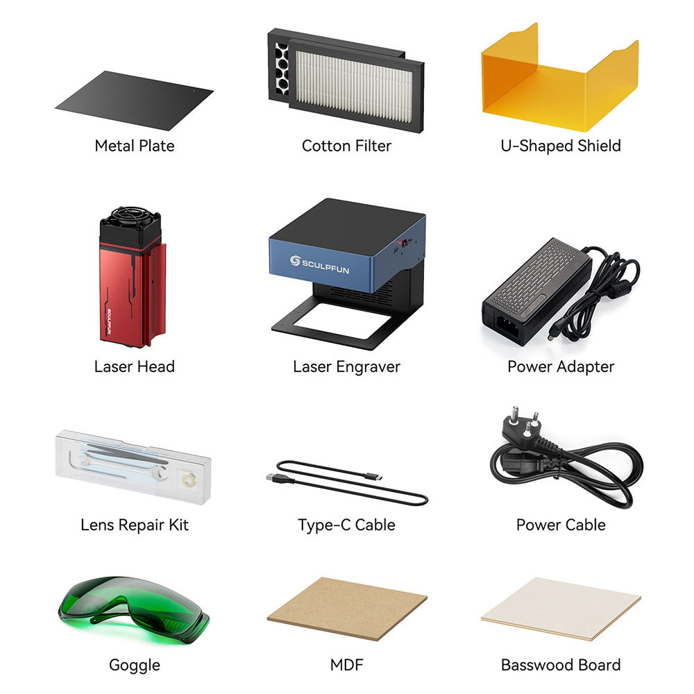 Laserový gravírovací stroj SCULPFUN iCube Pro Max 10W, laserový bod 0,08 mm, rychlost gravírování 10 000 mm/min, 32bitová základní deska, vyměnitelná čočka, kouřový filtr, teplotní alarm, připojení aplikace, 120x120 mm - zástrčka EU