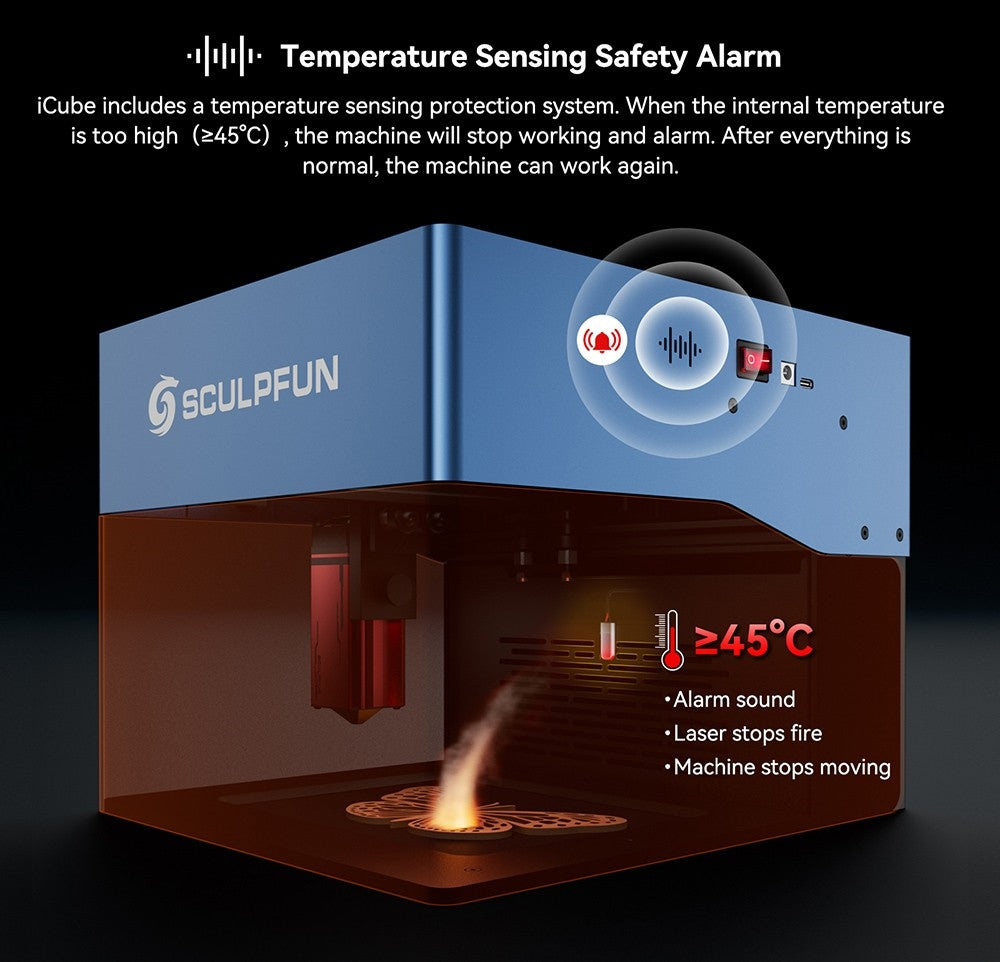 Laserový gravírovací stroj SCULPFUN iCube Pro Max 10W, laserový bod 0,08 mm, rychlost gravírování 10 000 mm/min, 32bitová základní deska, vyměnitelná čočka, kouřový filtr, teplotní alarm, připojení aplikace, 120x120 mm - zástrčka EU