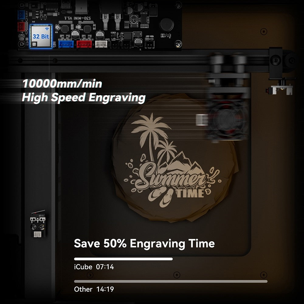 Laserový gravírovací stroj SCULPFUN iCube Pro Max 10W, laserový bod 0,08 mm, rychlost gravírování 10 000 mm/min, 32bitová základní deska, vyměnitelná čočka, kouřový filtr, teplotní alarm, připojení aplikace, 120x120 mm - zástrčka EU