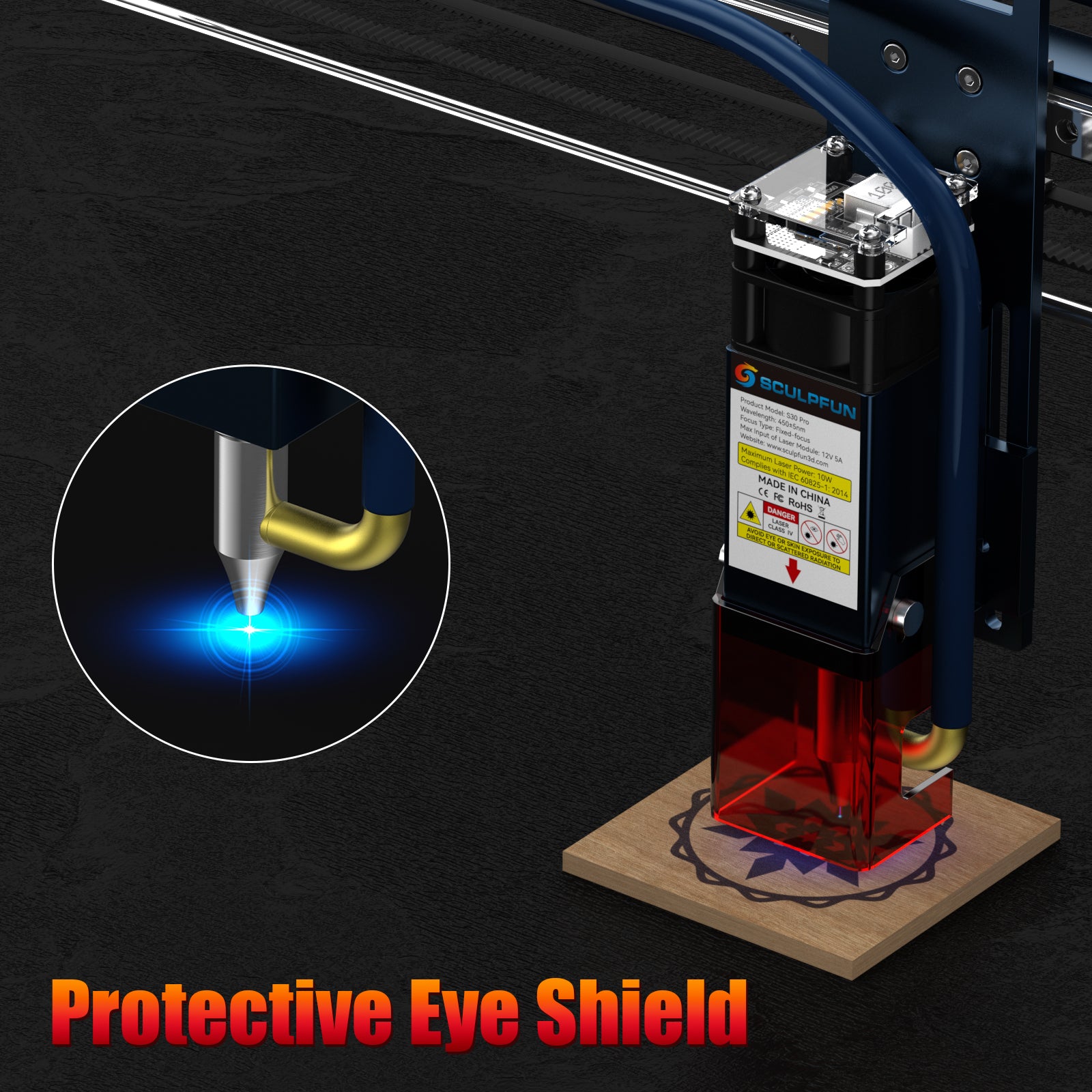 Laserová gravírka/řezačka SCULPFUN S30 Pro 10W, automatická vzduchová asistence, laserové ostření 0,06x0,08 mm, 32bitová základní deska, vyměnitelná čočka, 410x400 mm, rozšiřitelná 935x905 mm