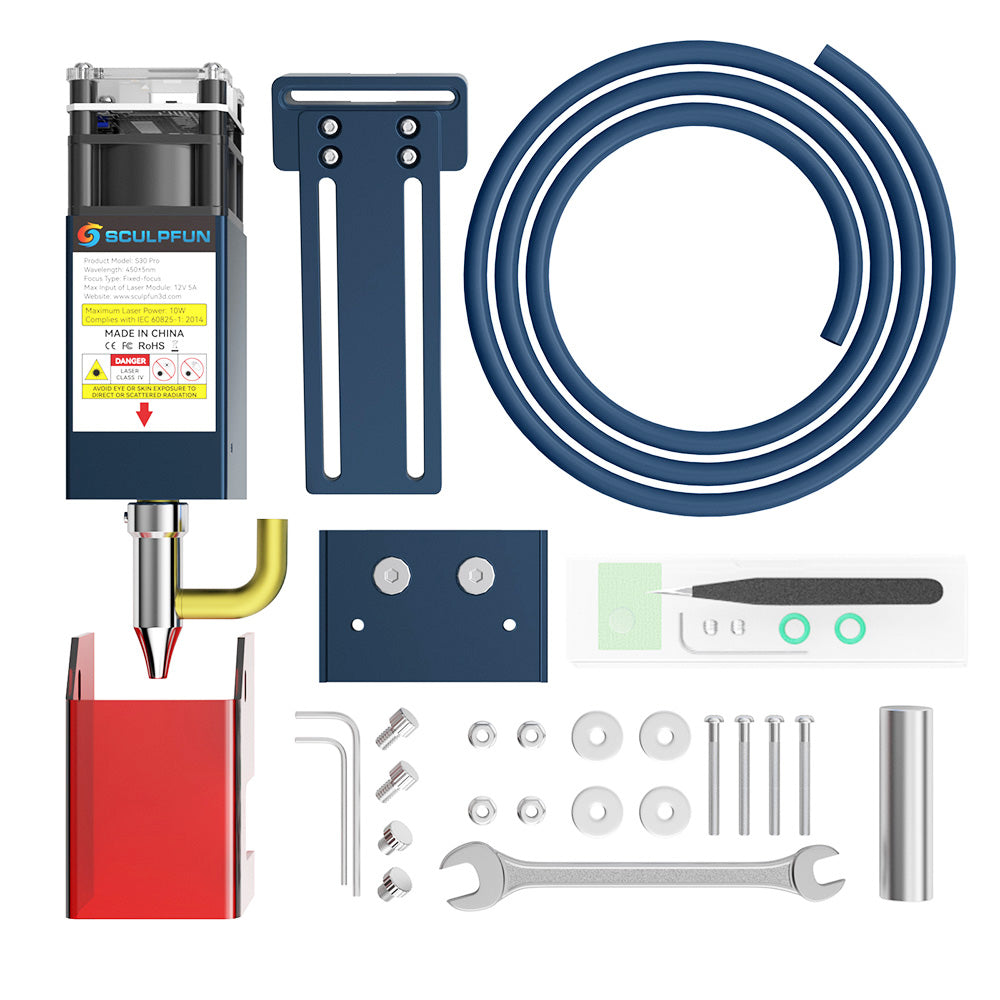 Sada laserového modulu SCULPFUN S30 Pro 10W, pevné zaostření, vestavěný vzduchový asistent, vyměnitelný objektiv, čistý řez