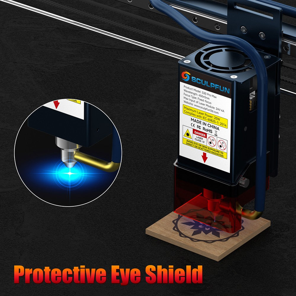 Laserová gravírka/řezačka SCULPFUN S30 Pro Max 20W, automatická vzduchová asistence, laserové ostření 0,08x0,1 mm, 32bitová základní deska, vyměnitelná čočka, 410x400 mm, rozšiřitelná 935x905 mm