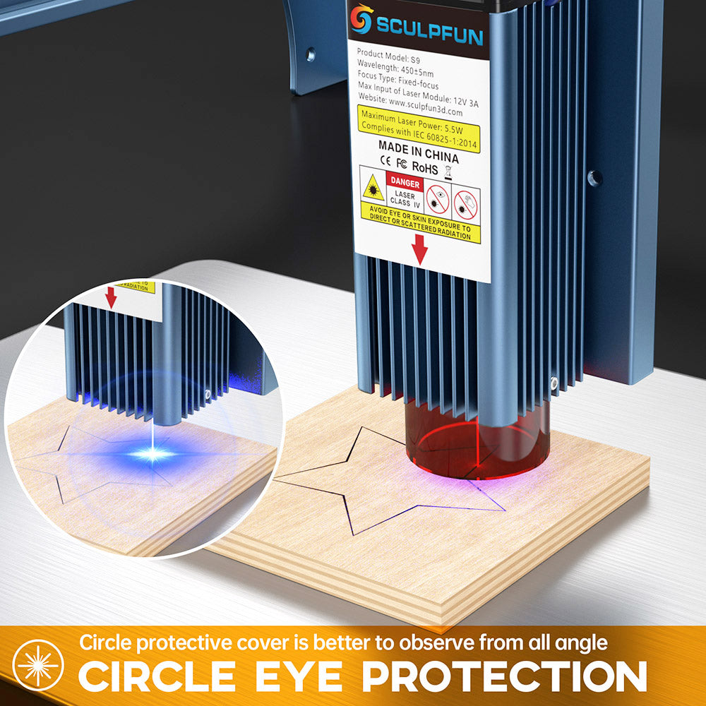 Laserový gravírovací stroj Sculpfun S9, celokovový CNC laserový gravírovací stroj, 5,5 W, vysoce přesná gravírovací plocha 410x420 mm