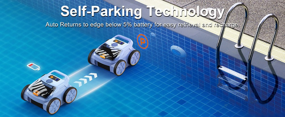 SEAUTO SAT 20 Bezdrátový robotický vysavač na bazén, plný úklid, super silný sací výkon 18 000 Hz, průtok vody 4 800 GPH, 3 režimy čištění, automatické parkování, inteligentní navigace pro zapuštěné bazény, modrý