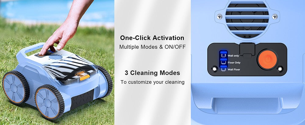 SEAUTO SAT 20 Bezdrátový robotický vysavač na bazén, plný úklid, super silný sací výkon 18 000 Hz, průtok vody 4 800 GPH, 3 režimy čištění, automatické parkování, inteligentní navigace pro zapuštěné bazény, modrý