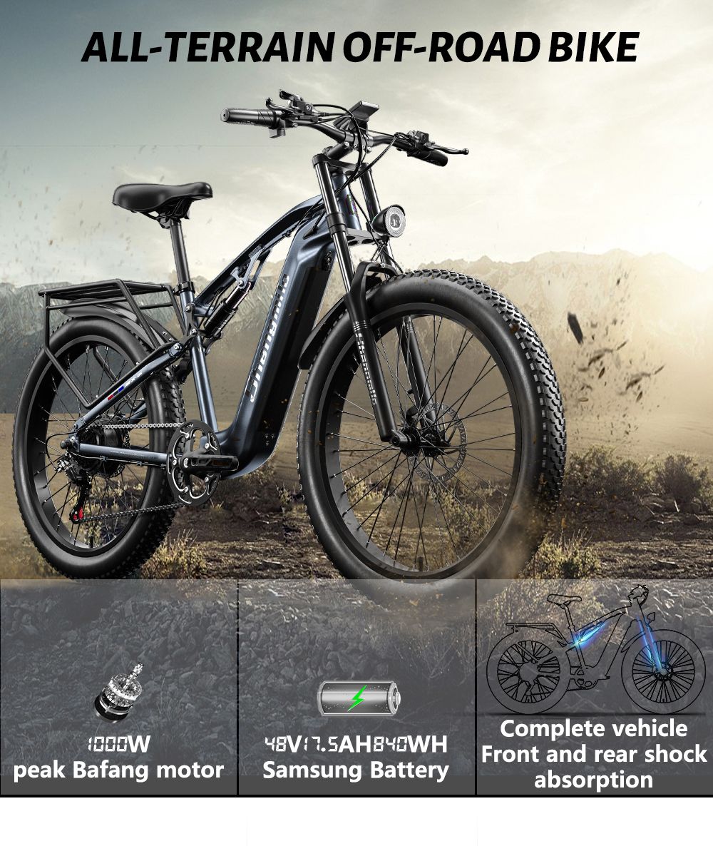 Shengmilo MX05 26palcové horské elektrokolo s tlustými pneumatikami, motor Bafang 500 W, maximální rychlost 42 km/h, baterie 48 V 15 Ah, dojezd 60 km, dvojité olejové kotoučové brzdy