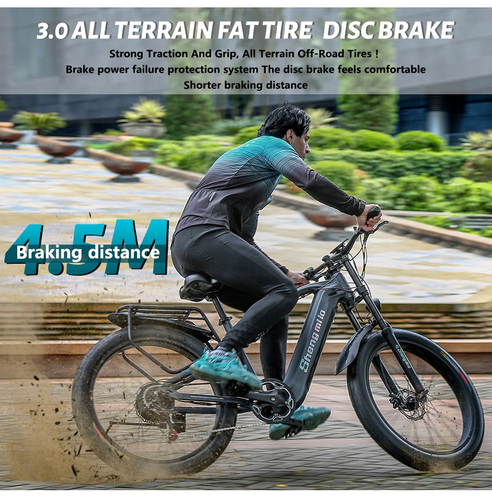 Shengmilo MX05 26palcové horské elektrokolo s tlustými pneumatikami, motor Bafang 500 W, maximální rychlost 42 km/h, baterie 48 V 15 Ah, dojezd 60 km, dvojité olejové kotoučové brzdy
