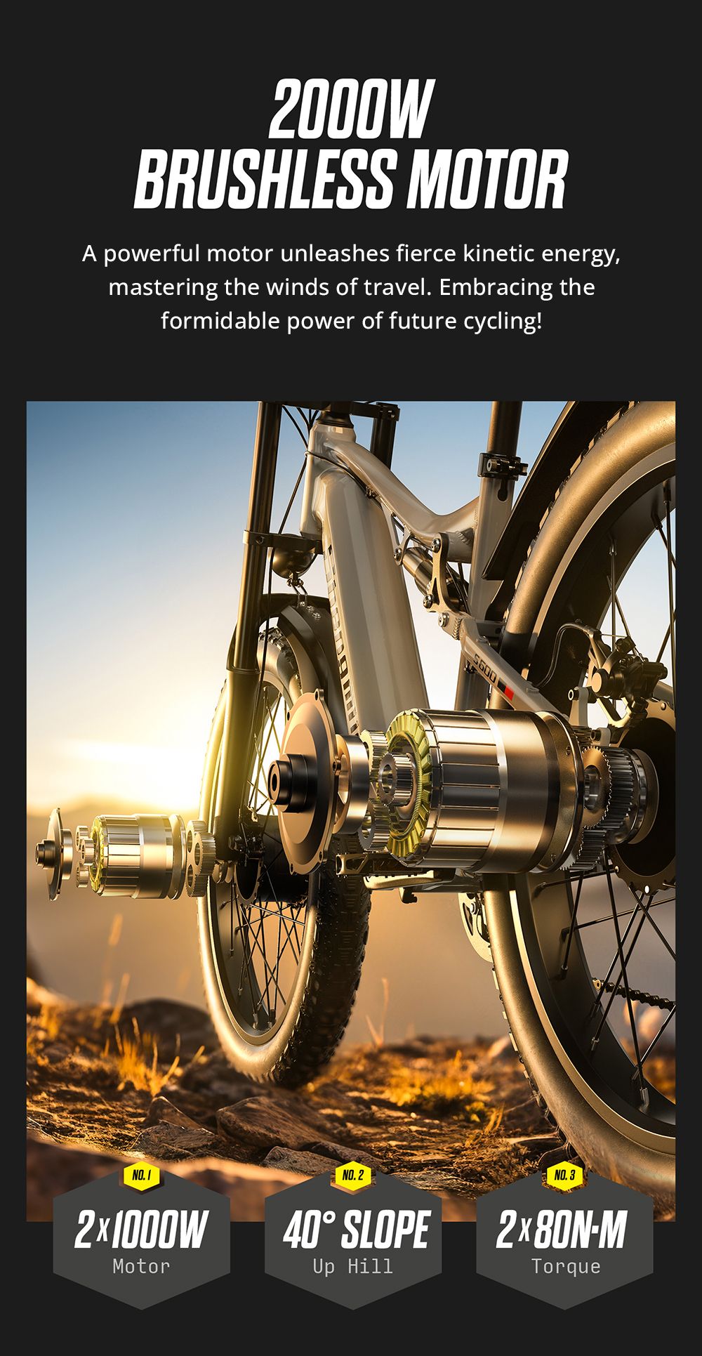 Elektrokolo Shengmilo S600, motor 1000 W*2, baterie 48 V 17,5 Ah, pneumatiky 26 palců, maximální rychlost 42 km/h, maximální dojezd 90 km, mechanická kotoučová brzda, přední vidlice s dvojitým ramenem, zadní tlumič, řazení Shimano 7 rychlostí