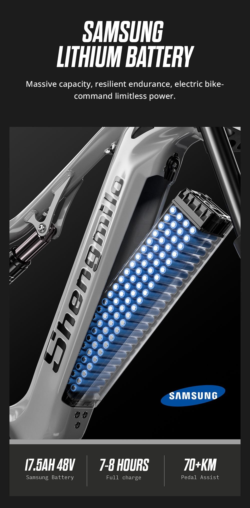 Elektrokolo Shengmilo S600, motor 1000 W*2, baterie 48 V 17,5 Ah, pneumatiky 26 palců, maximální rychlost 42 km/h, maximální dojezd 90 km, mechanická kotoučová brzda, přední vidlice s dvojitým ramenem, zadní tlumič, řazení Shimano 7 rychlostí