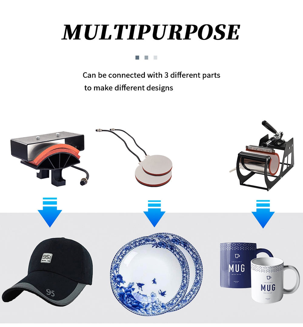 SHUOHAO SH06 6 v 1 tepelný lis, 11,4*15 palců, na čepice/tašky/podložky pod myš/pouzdra na telefon/polštáře/hrnky/talíře/podtácky/trička