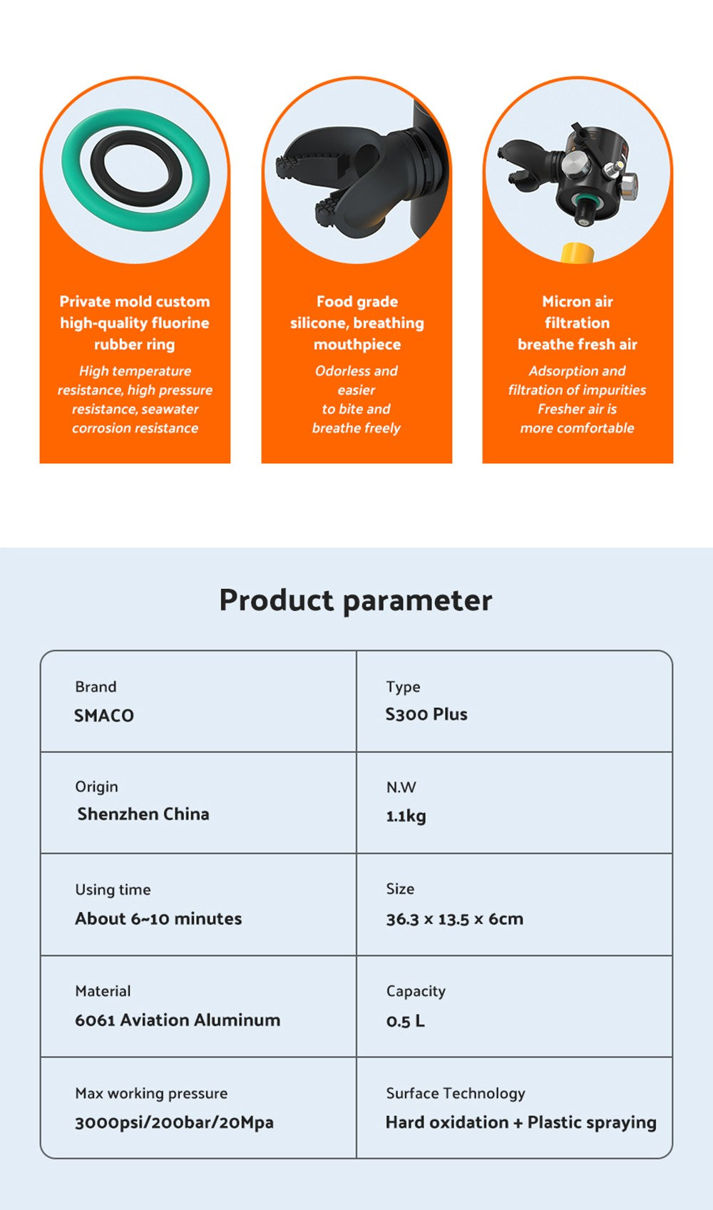 SMACO S300 Plus 0,5l mini potápěčská lahev - černá