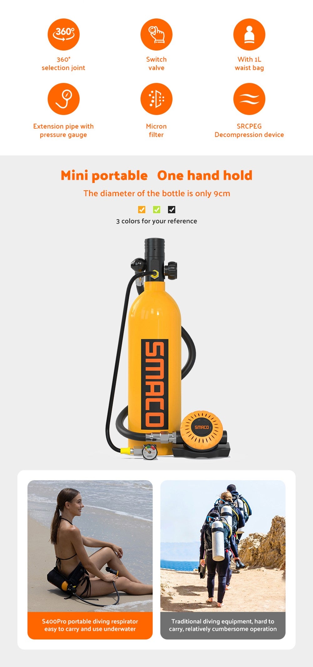 Potápěčská lahev SMACO S400 Pro 1l - černá