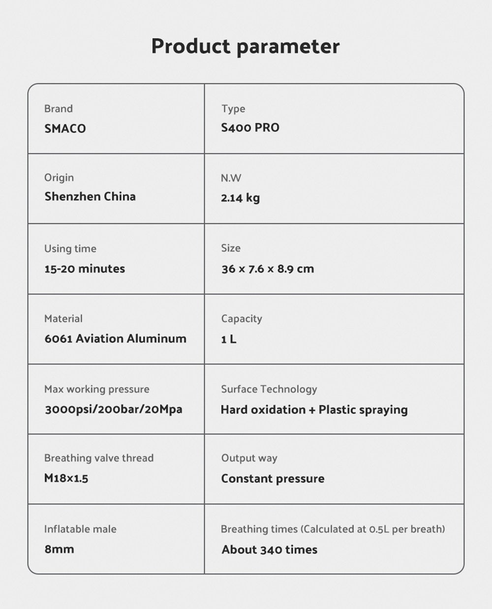 Potápěčská lahev SMACO S400 Pro 1l - černá