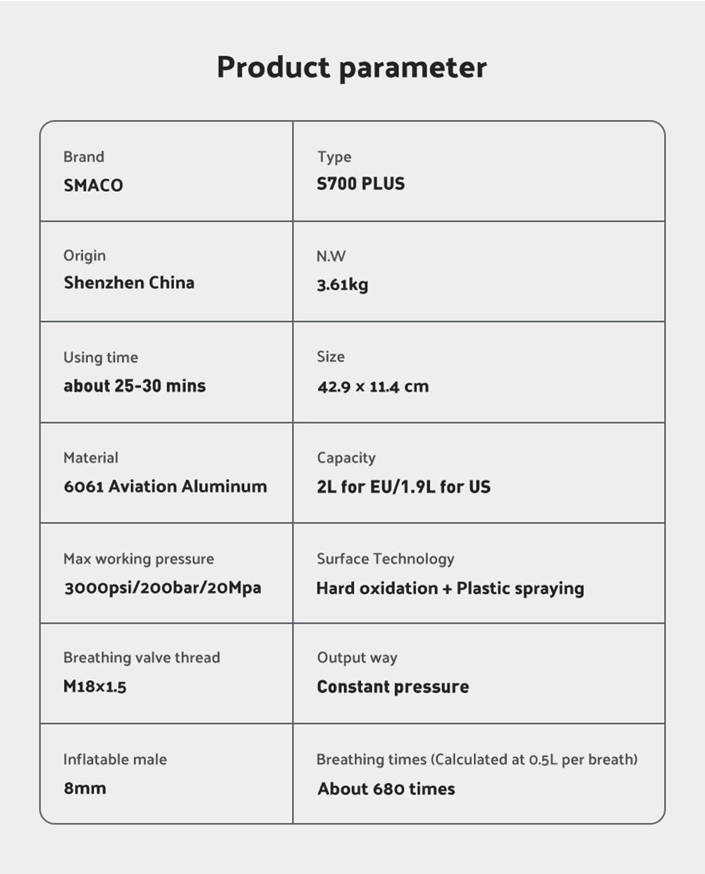 Potápěčská lahev SMACO S700 Plus 2L - černá