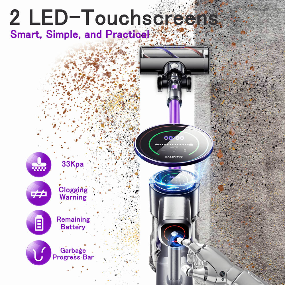 Bezdrátový vysavač SmartAI P40, sací výkon 33 kPa, doba provozu 55 minut, bezkartáčový motor 400 W, dotyková LED obrazovka, nádoba na prach 1,3 l