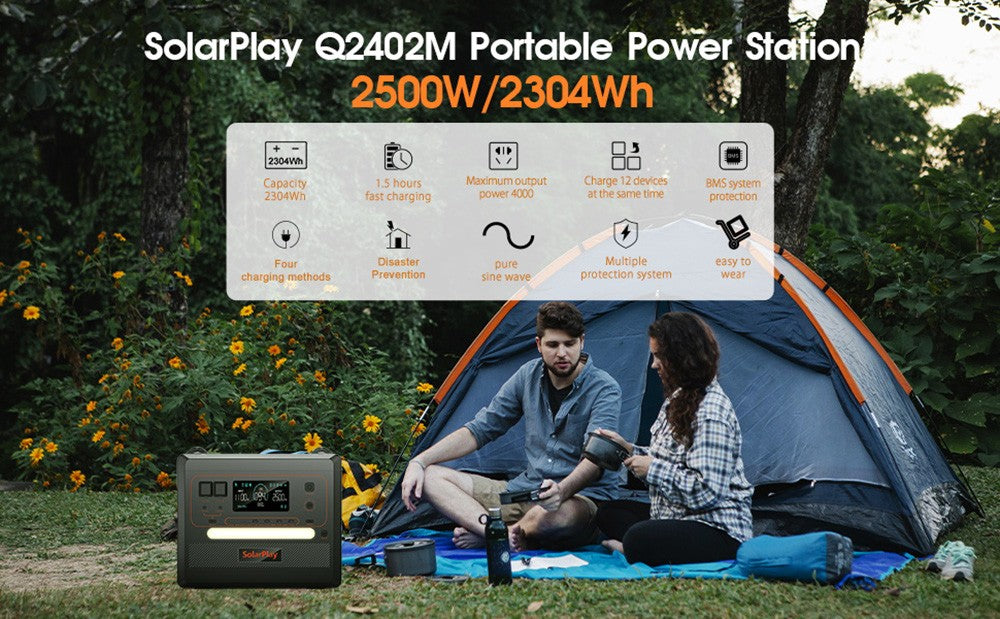 Přenosná elektrárna SolarPlay Q2402M, baterie LiFePO4 2304 Wh 2500 W, vstupní výkon 1100 W, 12 výstupů, plné nabití za 1,5 hodiny