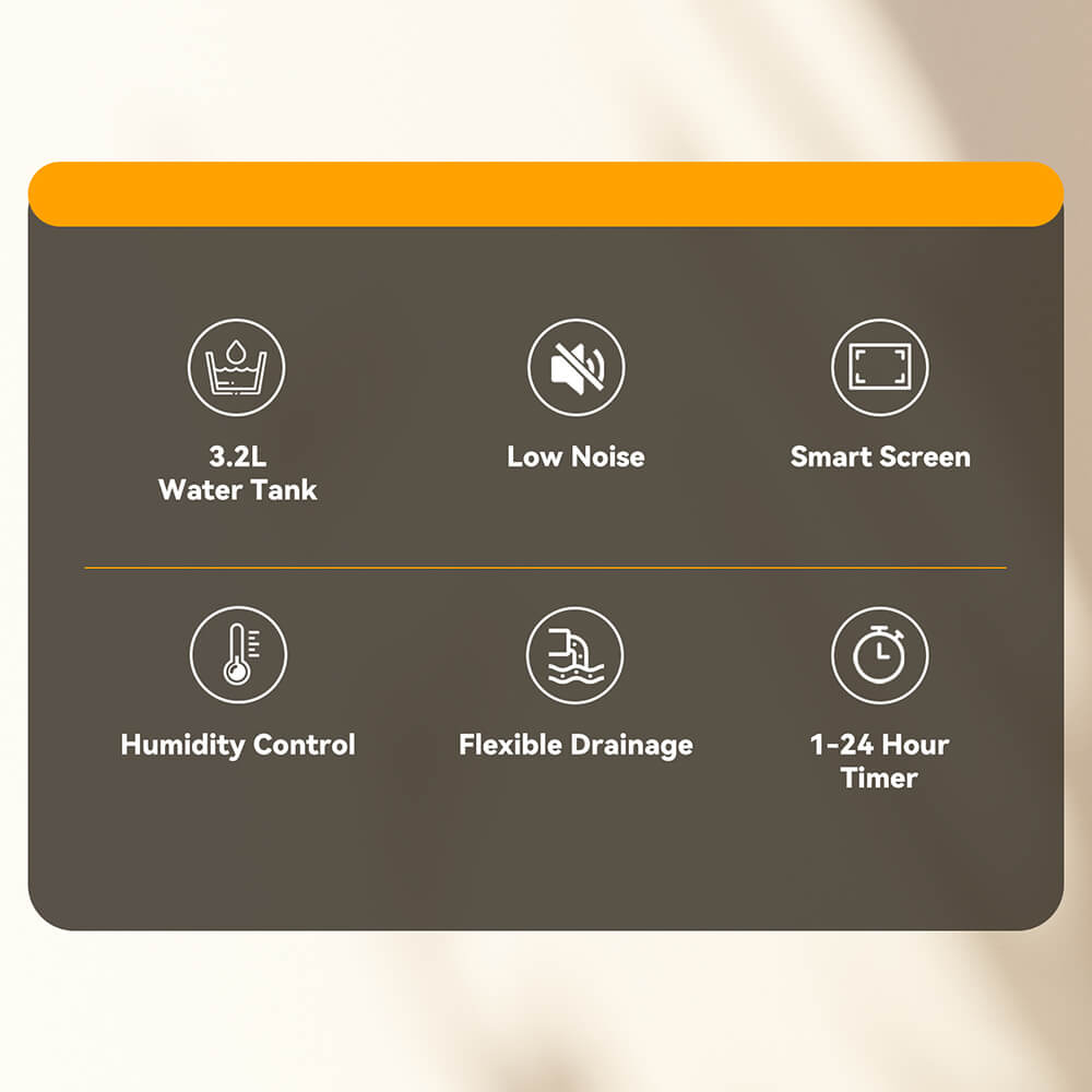 Odvlhčovač Solayce PD16R-02EE s nádrží na vodu o objemu 3,2 l, hlučností 35 dB a chytrým dotykovým panelem