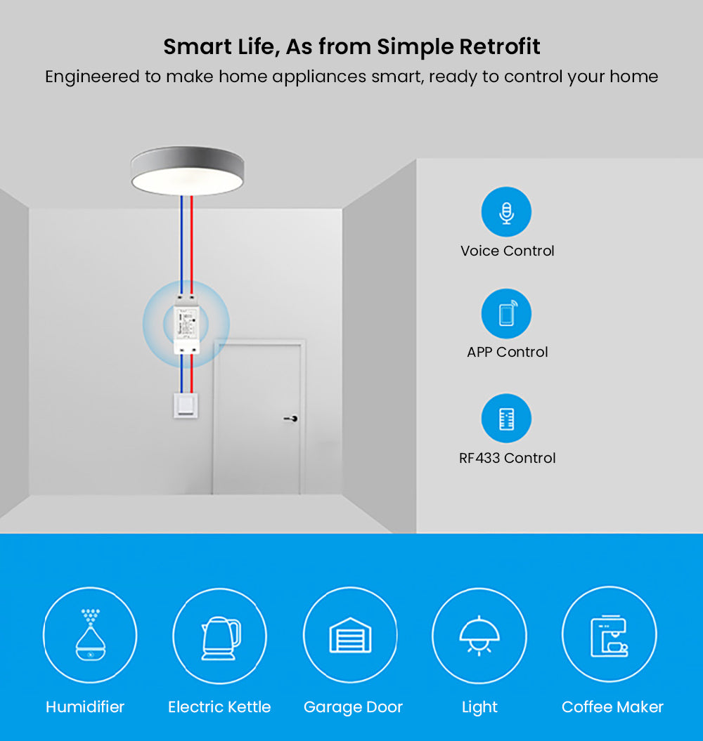 Bezdrátový WiFi chytrý spínač SONOFF Basic R2, DIY modul, pro automatizaci chytré domácnosti, hlasové ovládání, funguje s Alexou a Google Home