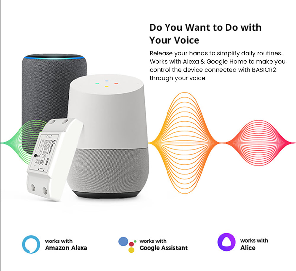 Bezdrátový WiFi chytrý spínač SONOFF Basic R2, DIY modul, pro automatizaci chytré domácnosti, hlasové ovládání, funguje s Alexou a Google Home