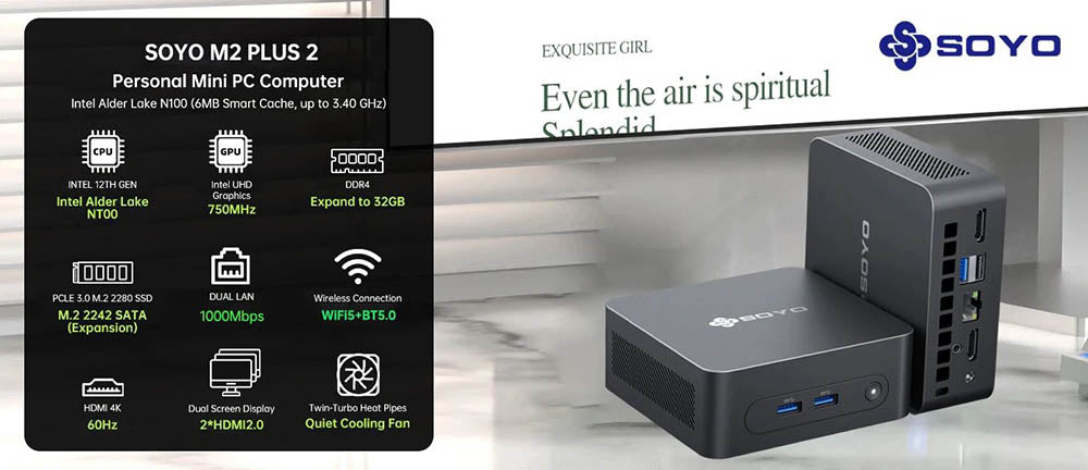 Mini PC SOYO M2 Plus2, procesor Intel Alder Lake N100 12. generace až 3,4 GHz, 16 GB DDR4 512 GB SATA M.2 2280 SSD, dva displeje 4K@60Hz, HDMI, WiFi 5 a Bluetooth 5.0, minipočítač pro firmy, vzdělávání a kancelář