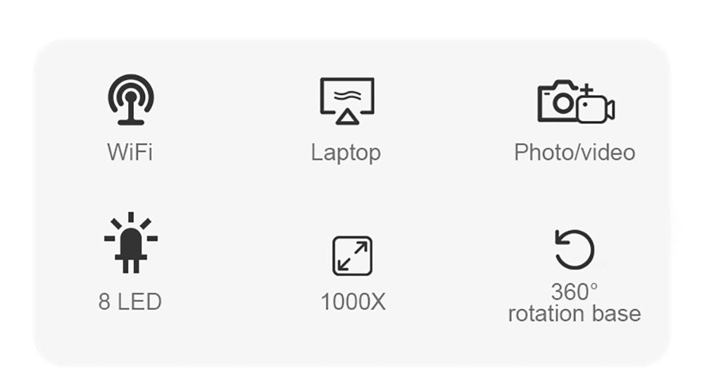 SUNUO 314 Chytrý WiFi mikroskop, 0,3MP pixelů, 360stupňová otočná základna, 1000násobný zoom, 8 LED světel