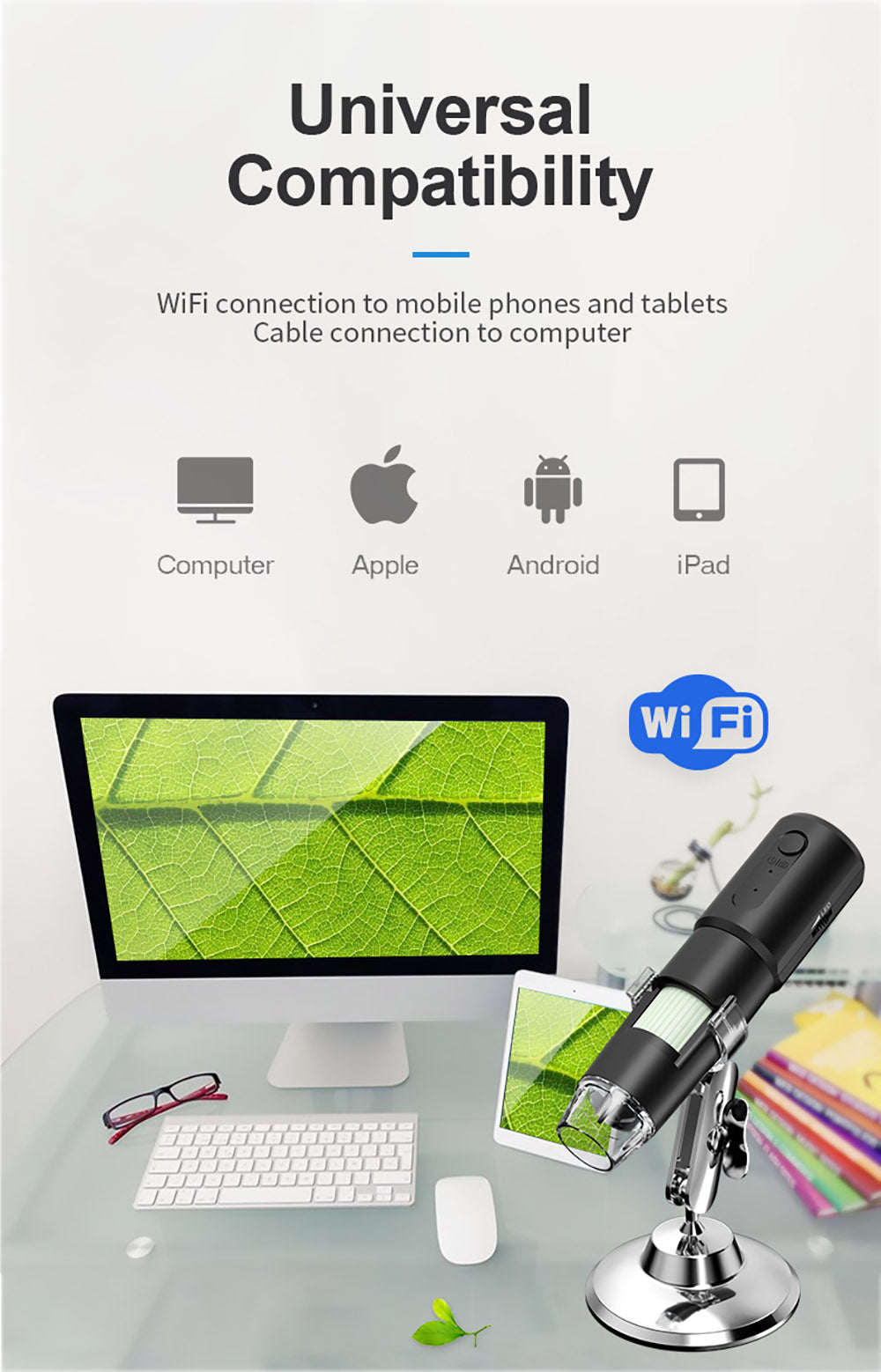 SUNUO 314 Chytrý WiFi mikroskop, 0,3MP pixelů, 360stupňová otočná základna, 1000násobný zoom, 8 LED světel