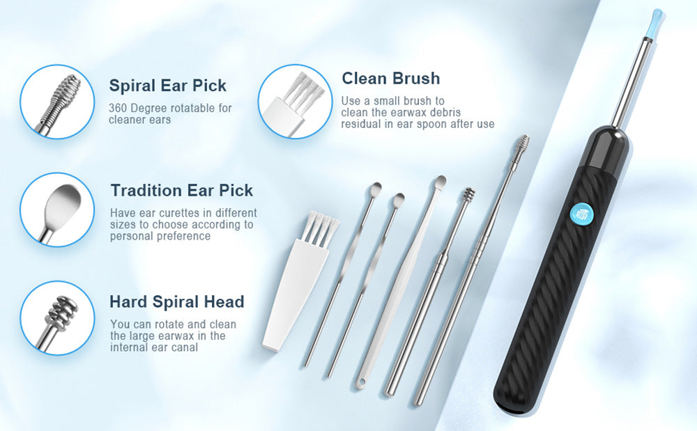 SUNUO X6 Inteligentní vizuální čistič uší Odstraňování ušního mazu, 500W pixelová kamera, silikonové ušní koncovky, 6osý gyroskop, vodotěsnost IP67, WiFi připojení - černá