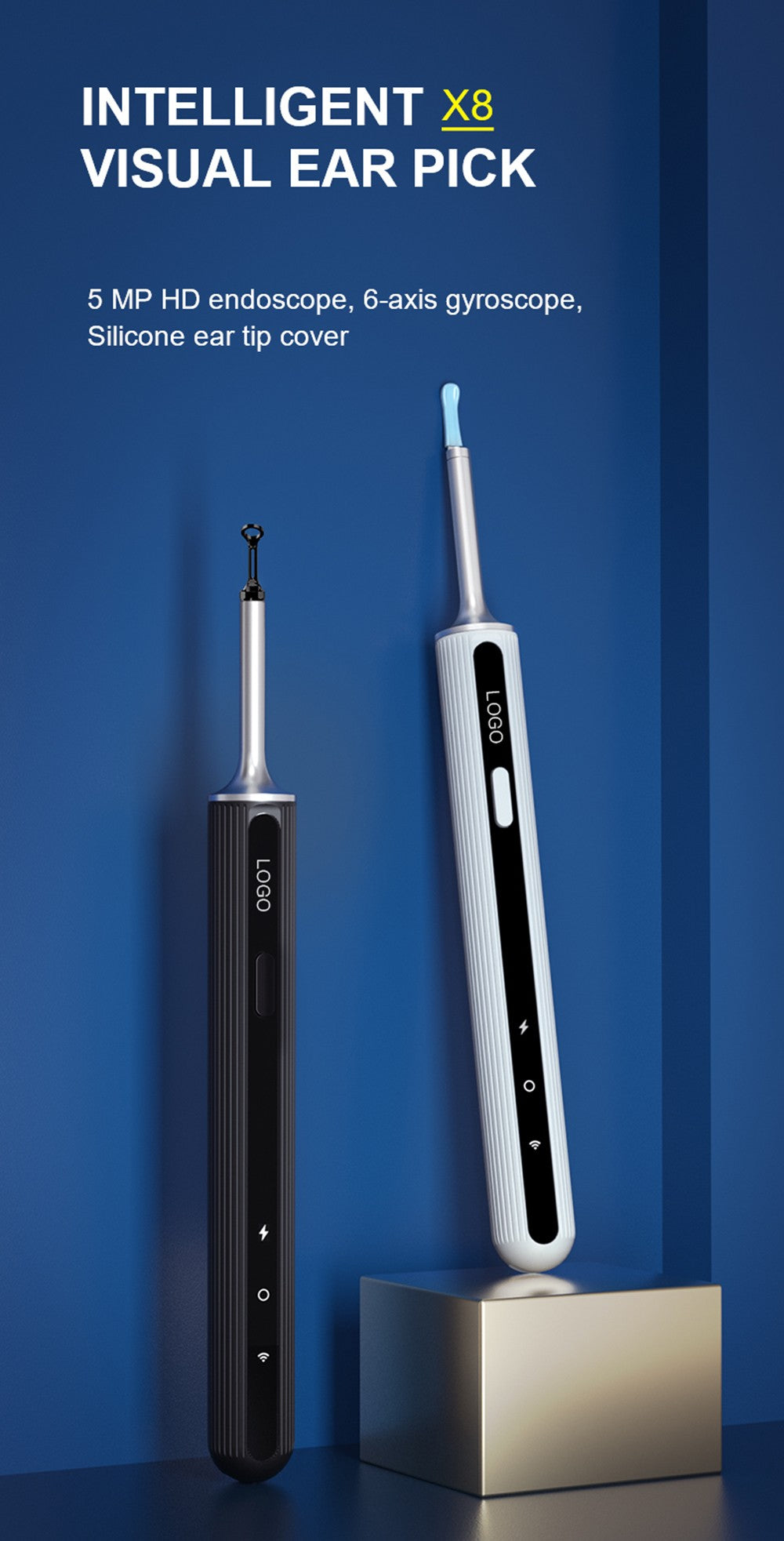 SUNUO X8 Chytrý vizuální čistič uší, odstraňování akné, 5MP HD kamera, 6osý gyroskop, silikonové nástavce do uší, WiFi připojení