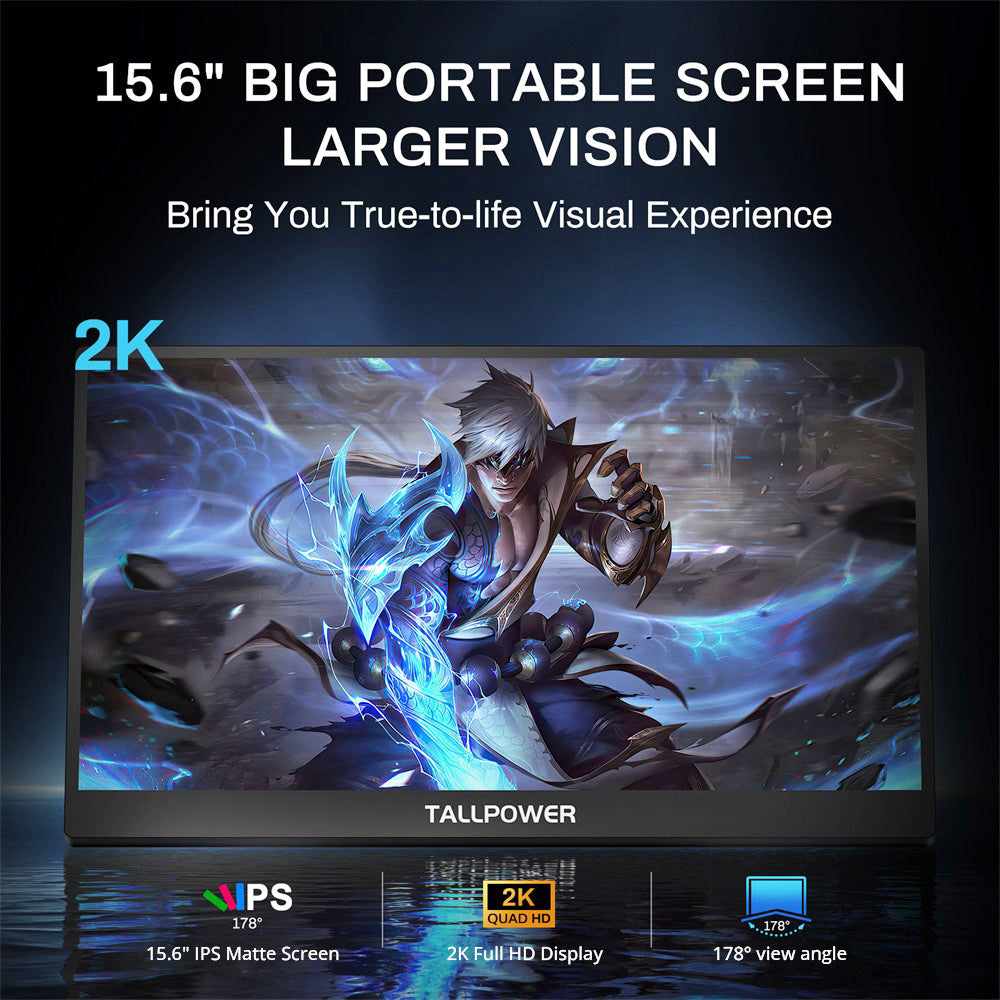 Přenosný monitor TALLPOWER TP-1 15,6 palce, rozlišení 2K Full HD 1920 x 1080, obnovovací frekvence 120 Hz, 100% sRGB, pozorovací úhel 178°, 2x USB-C 3.1, 1x HDMI