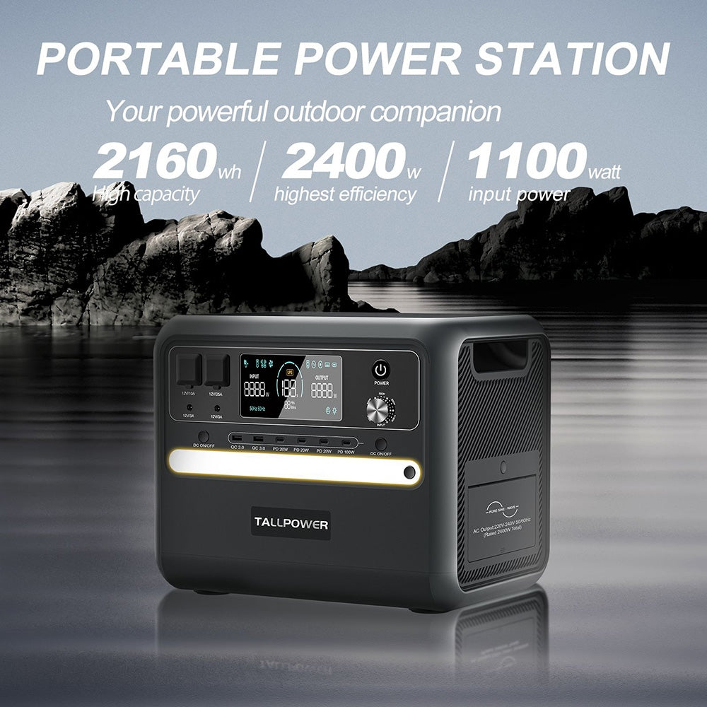 Přenosná elektrárna TALLPOWER V2400, solární generátor LiFePo4 2160 Wh, výstupní výkon 2400 W AC, nastavitelný vstupní výkon, PD 100 W USB-C, funkce UPS, LED světlo, 13 výstupů