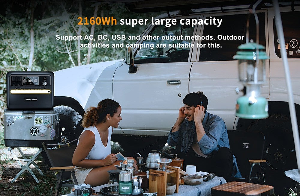 Přenosná elektrárna TALLPOWER V2400, solární generátor LiFePo4 2160 Wh, výstupní výkon 2400 W AC, nastavitelný vstupní výkon, PD 100 W USB-C, funkce UPS, LED světlo, 13 výstupů