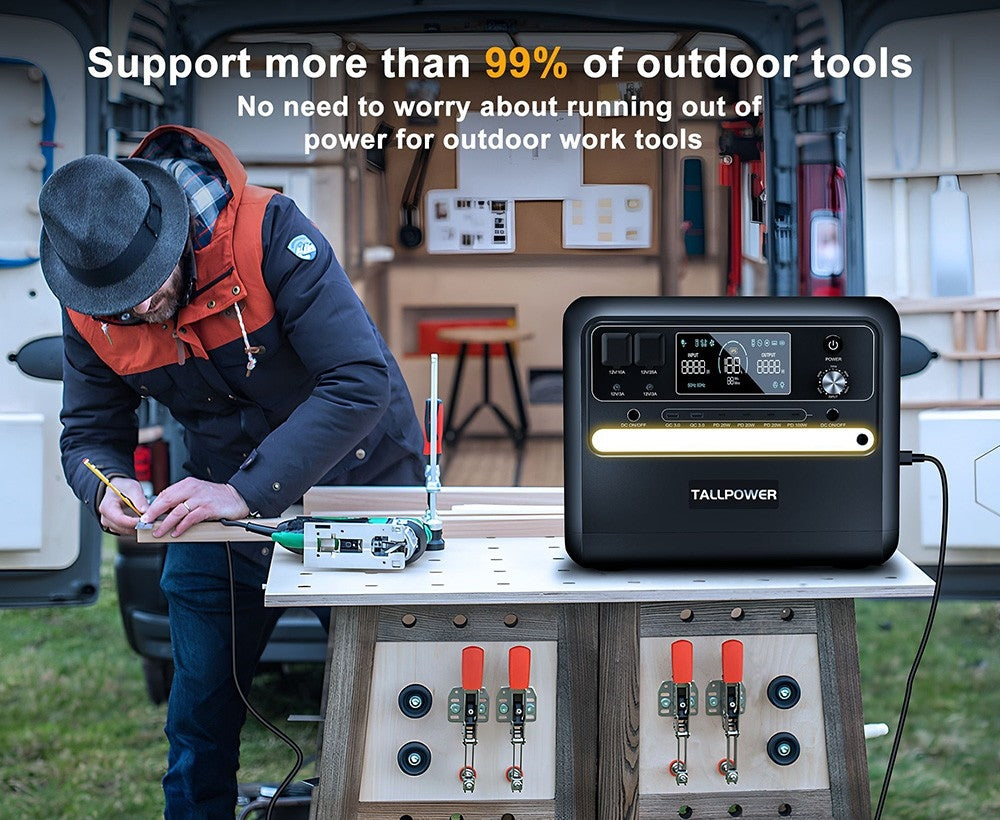 Přenosná elektrárna TALLPOWER V2400, solární generátor LiFePo4 2160 Wh, výstupní výkon 2400 W AC, nastavitelný vstupní výkon, PD 100 W USB-C, funkce UPS, LED světlo, 13 výstupů