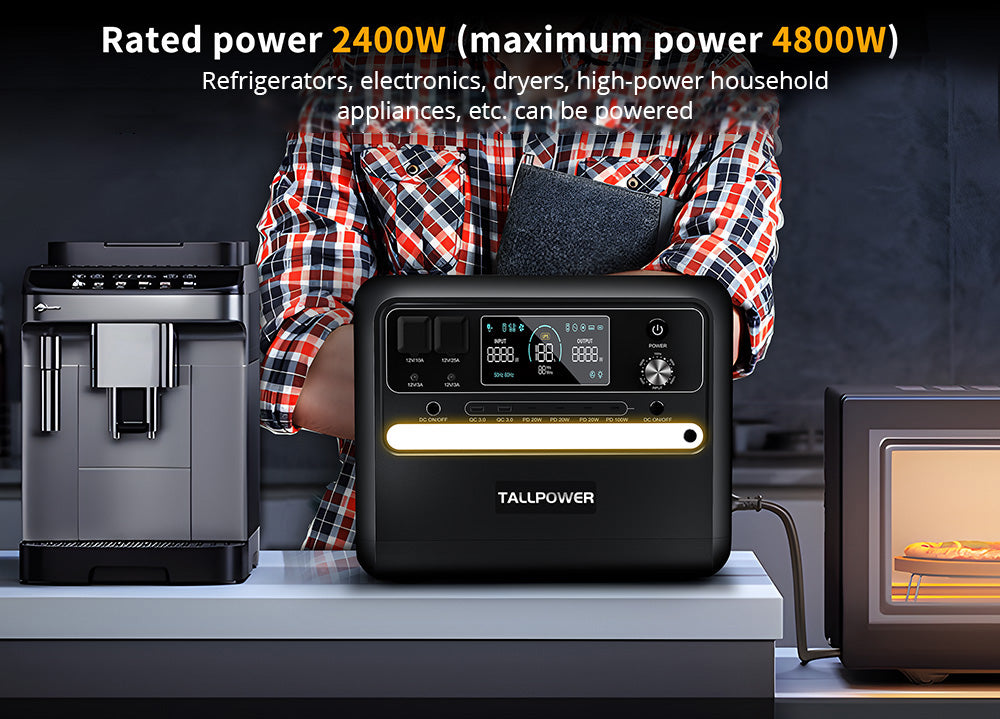 Přenosná elektrárna TALLPOWER V2400, solární generátor LiFePo4 2160 Wh, výstupní výkon 2400 W AC, nastavitelný vstupní výkon, PD 100 W USB-C, funkce UPS, LED světlo, 13 výstupů