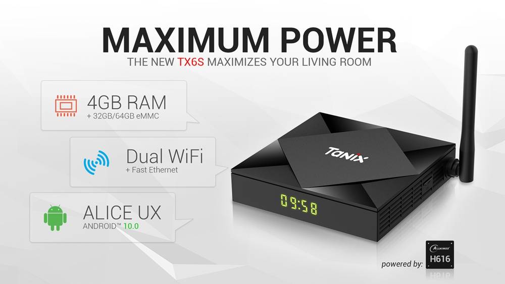TV box TANIX TX6S s Androidem 10.0, AllWinner H616, 4 GB DDR3 RAM, 64 GB eMMC ROM, 2.4/5.8G, duální WiFi, 100 Mbps LAN, USB 2.0