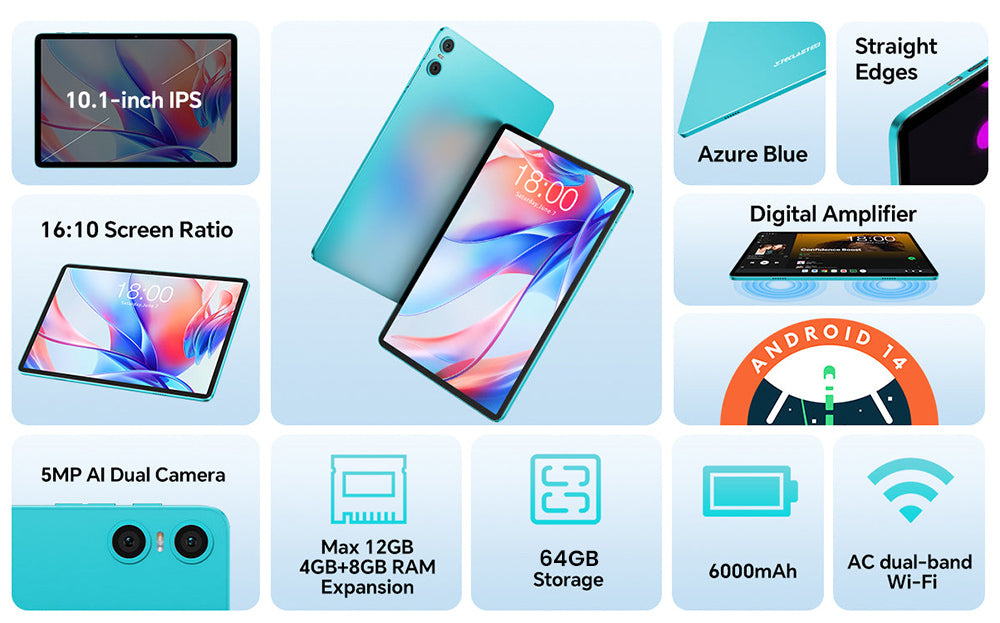 Tablet Teclast P30 10,1 palce, Android 14, 4 GB RAM 64 GB ROM, 5MP AI duální fotoaparát, rozlišení 1280x800, Qcta-Core, baterie 6000 mAh, Type-C/GMS/WiFi/Bluetooth/3,5mm Jack