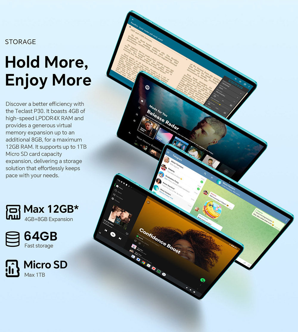 Tablet Teclast P30 10,1 palce, Android 14, 4 GB RAM 64 GB ROM, 5MP AI duální fotoaparát, rozlišení 1280x800, Qcta-Core, baterie 6000 mAh, Type-C/GMS/WiFi/Bluetooth/3,5mm Jack