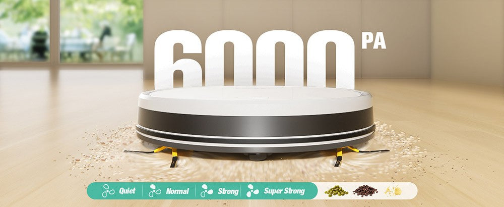 Robotický vysavač Tesvor M2 s funkcí mopu, sací tlak 6000 Pa, gyroskopická navigace, nádoba na prach 600 ml, doba provozu 150 minut, maximální plocha vysávání 120 m², ovládání aplikací / dálkové ovládání - bílý