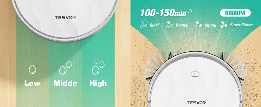Robotický vysavač Tesvor M2 s funkcí mopu, sací tlak 6000 Pa, gyroskopická navigace, nádoba na prach 600 ml, doba provozu 150 minut, maximální plocha vysávání 120 m², ovládání aplikací / dálkové ovládání - bílý