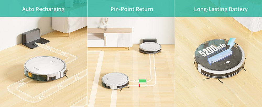 Robotický vysavač Tesvor M2 s funkcí mopu, sací tlak 6000 Pa, gyroskopická navigace, nádoba na prach 600 ml, doba provozu 150 minut, maximální plocha vysávání 120 m², ovládání aplikací / dálkové ovládání - bílý