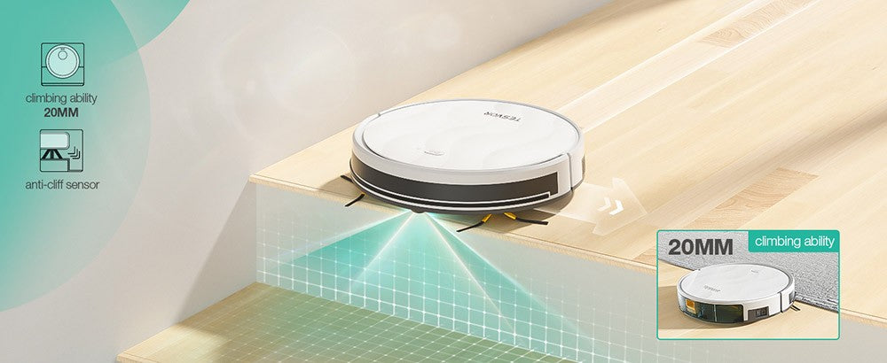Robotický vysavač Tesvor M2 s funkcí mopu, sací tlak 6000 Pa, gyroskopická navigace, nádoba na prach 600 ml, doba provozu 150 minut, maximální plocha vysávání 120 m², ovládání aplikací / dálkové ovládání - bílý