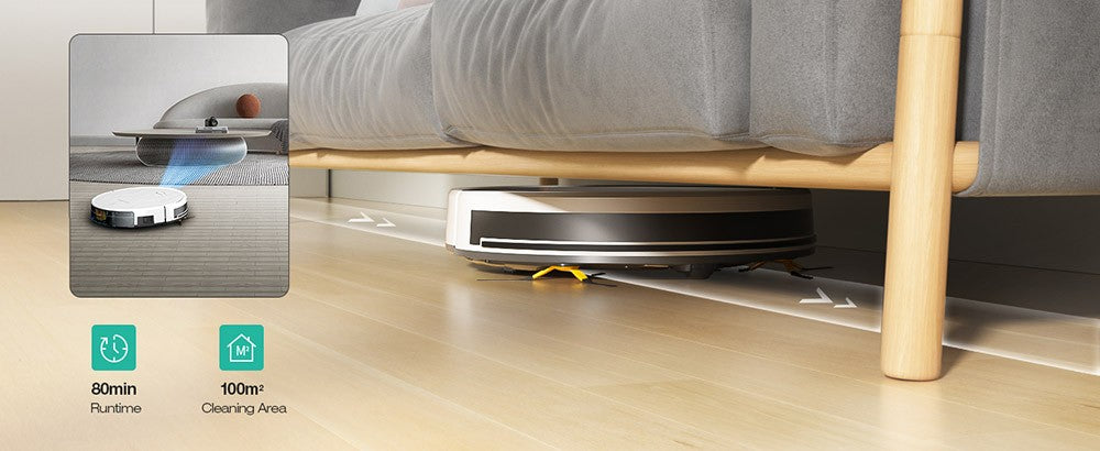 Robotický vysavač Tesvor M2 s funkcí mopu, sací tlak 6000 Pa, gyroskopická navigace, nádoba na prach 600 ml, doba provozu 150 minut, maximální plocha vysávání 120 m², ovládání aplikací / dálkové ovládání - bílý