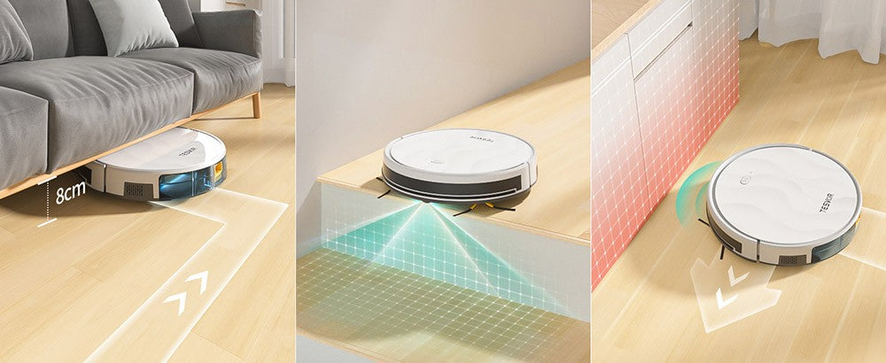 Robotický vysavač Tesvor M2 s funkcí mopu, sací tlak 6000 Pa, gyroskopická navigace, nádoba na prach 600 ml, doba provozu 150 minut, maximální plocha vysávání 120 m², ovládání aplikací / dálkové ovládání - bílý