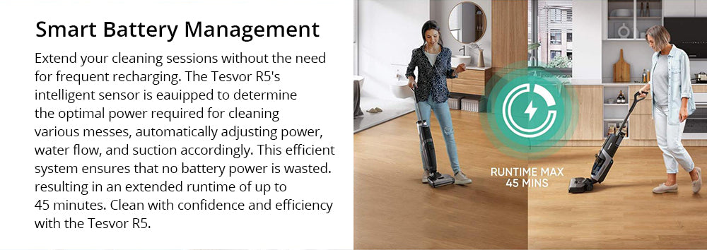 Bezdrátový mokro-suchý vysavač Tesvor R5 Pro, sací výkon 13000 Pa, samočištění, nádržka na vodu 900 ml, inteligentní senzor nečistot, maximální doba provozu 45 minut, baterie 3800 mAh, hlasové ovládání, LED displej