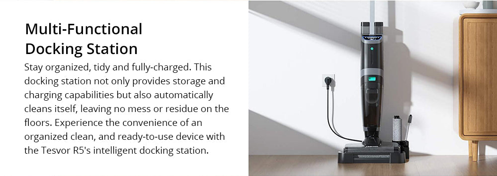 Bezdrátový mokro-suchý vysavač Tesvor R5 Pro, sací výkon 13000 Pa, samočištění, nádržka na vodu 900 ml, inteligentní senzor nečistot, maximální doba provozu 45 minut, baterie 3800 mAh, hlasové ovládání, LED displej