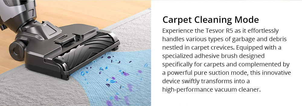 Bezdrátový mokro-suchý vysavač Tesvor R5 Pro, sací výkon 13000 Pa, samočištění, nádržka na vodu 900 ml, inteligentní senzor nečistot, maximální doba provozu 45 minut, baterie 3800 mAh, hlasové ovládání, LED displej