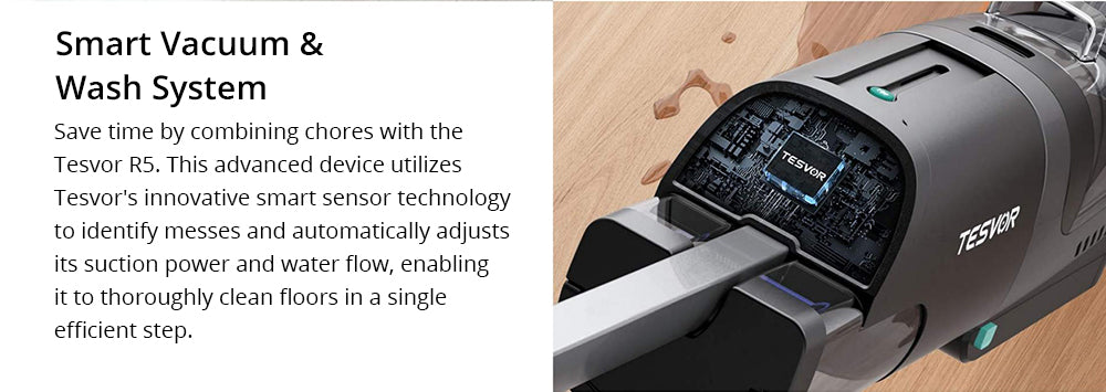 Bezdrátový mokro-suchý vysavač Tesvor R5 Pro, sací výkon 13000 Pa, samočištění, nádržka na vodu 900 ml, inteligentní senzor nečistot, maximální doba provozu 45 minut, baterie 3800 mAh, hlasové ovládání, LED displej