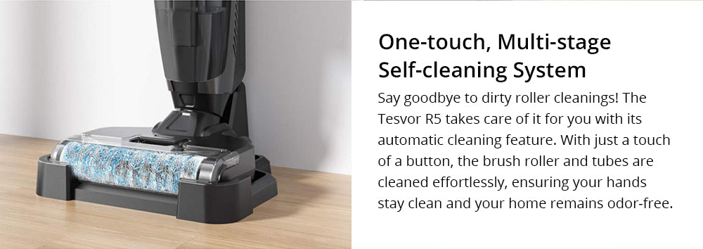 Bezdrátový mokro-suchý vysavač Tesvor R5 Pro, sací výkon 13000 Pa, samočištění, nádržka na vodu 900 ml, inteligentní senzor nečistot, maximální doba provozu 45 minut, baterie 3800 mAh, hlasové ovládání, LED displej